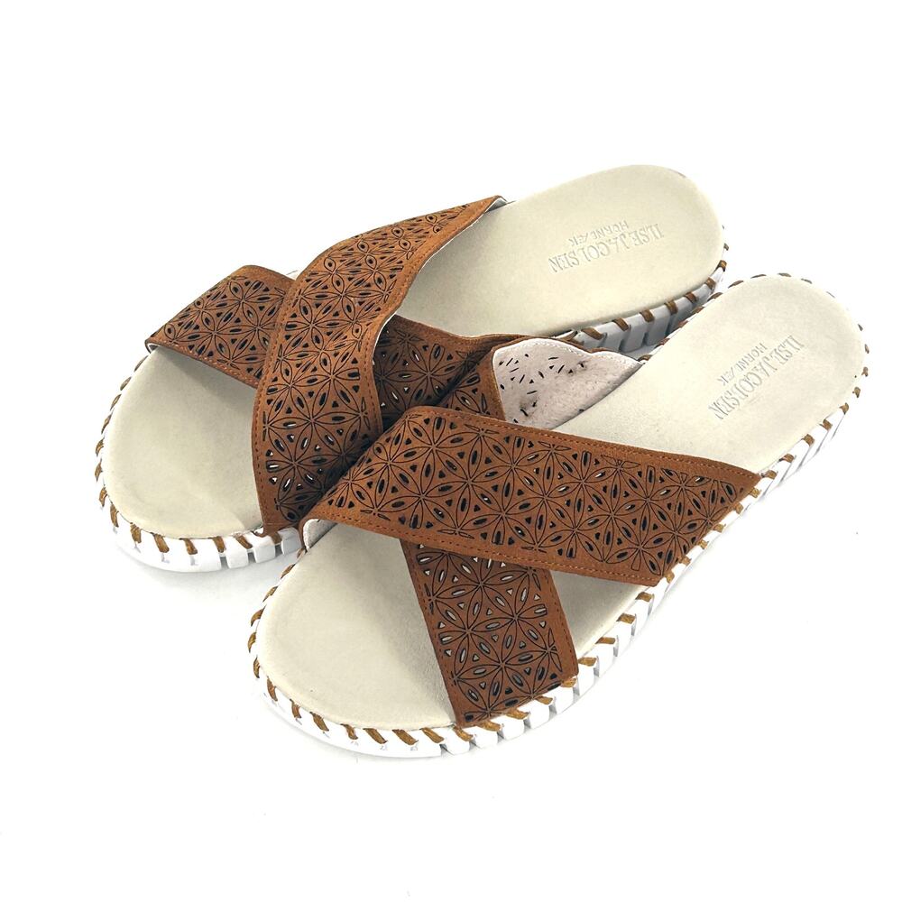 Ilse Jacobsen Tulip Criss Cross Slide Sandals 10 Tan Brown Flat Comfort
